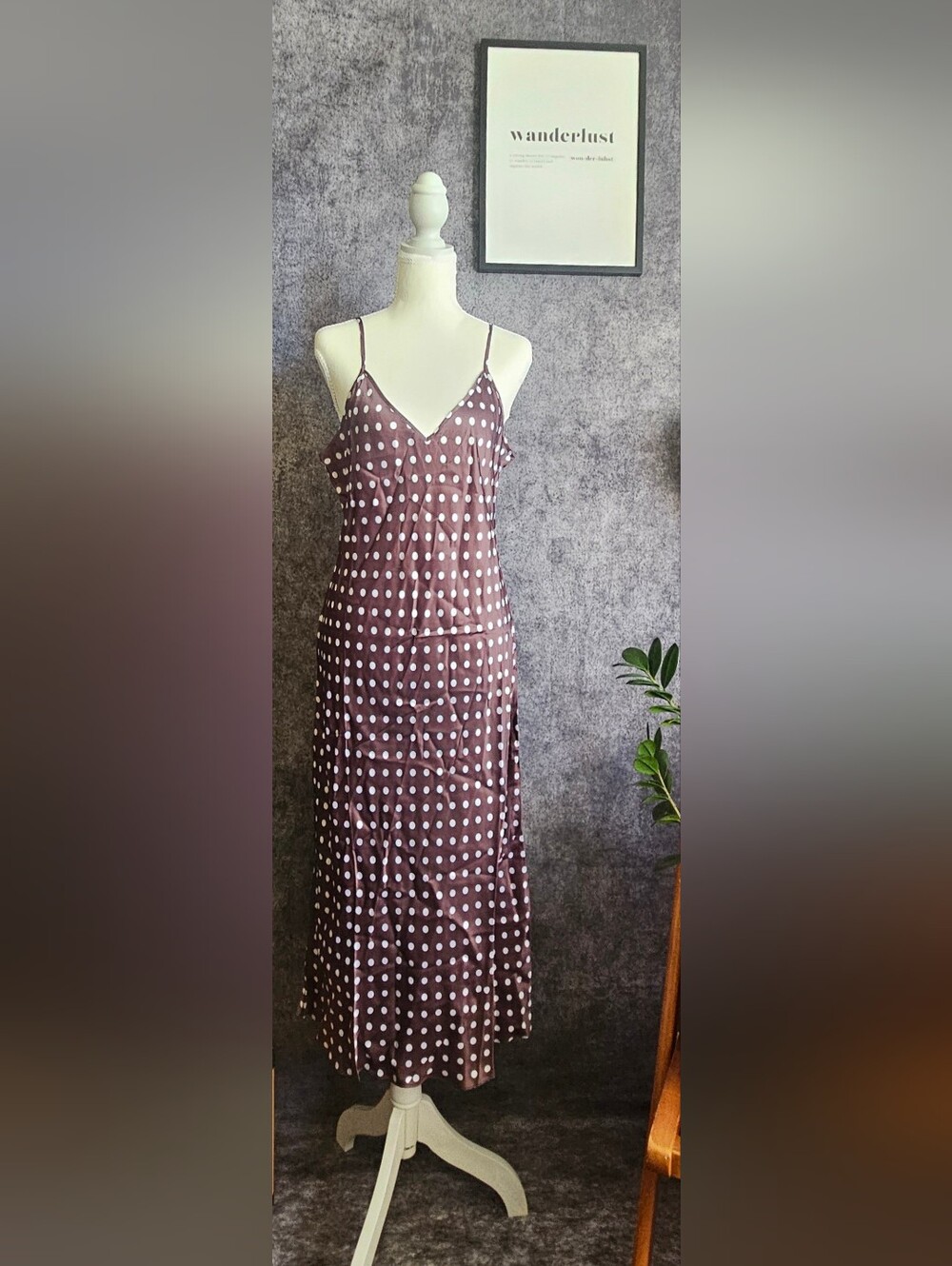 Quince Brown Polka Dot Maxi Slip Dress